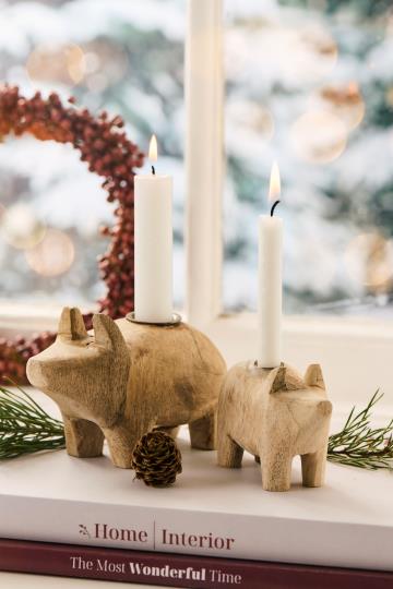 Kerzenhalter f/1,3 cm Kerze Schwein UNIKA Holz m/Metalleinsatz