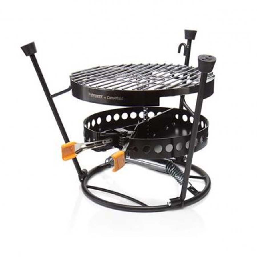 Petromax Grillrost pro-ft, im verbauten Zustand mit Deckelhalter und Kohlenschale