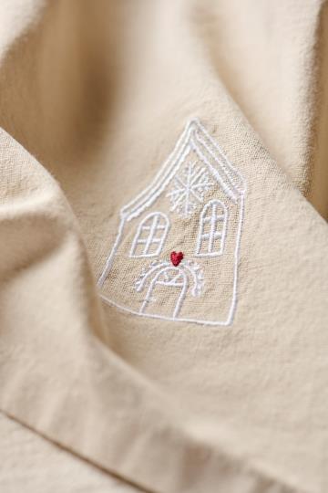 Ib Laursen Stoffserviette Tradition m/weißem Weihnachtshaus leinenfarbig