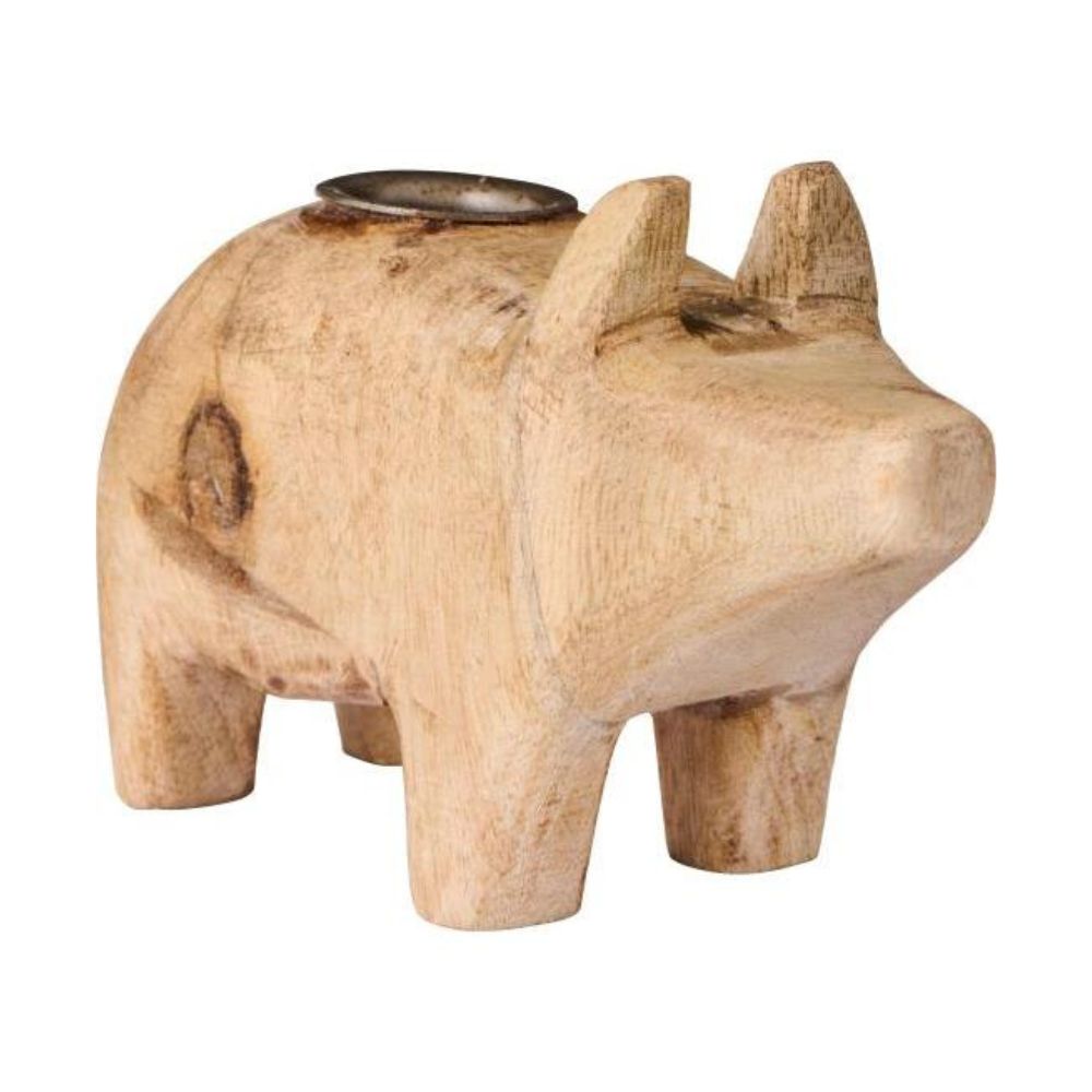 Kerzenhalter f/2,2 cm Kerze Schwein UNIKA Holz m/Metalleinsatz