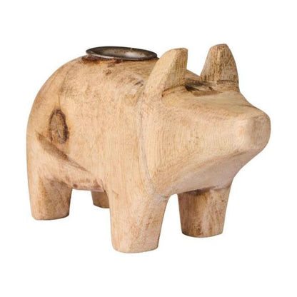 Kerzenhalter f/2,2 cm Kerze Schwein UNIKA Holz m/Metalleinsatz