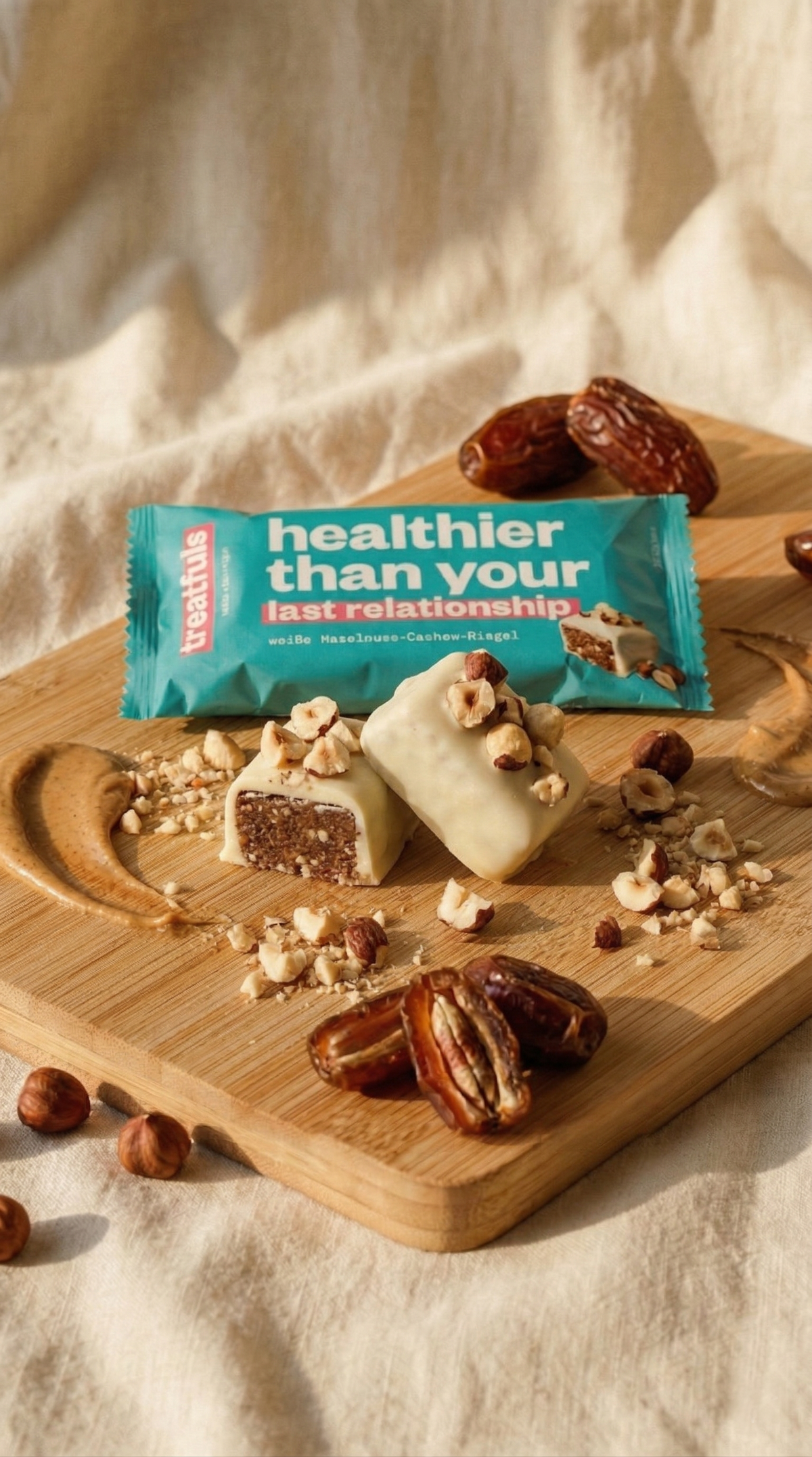 Weiße Schoko crunchy Haselnuss Riegel bio+vegan+glutenfrei