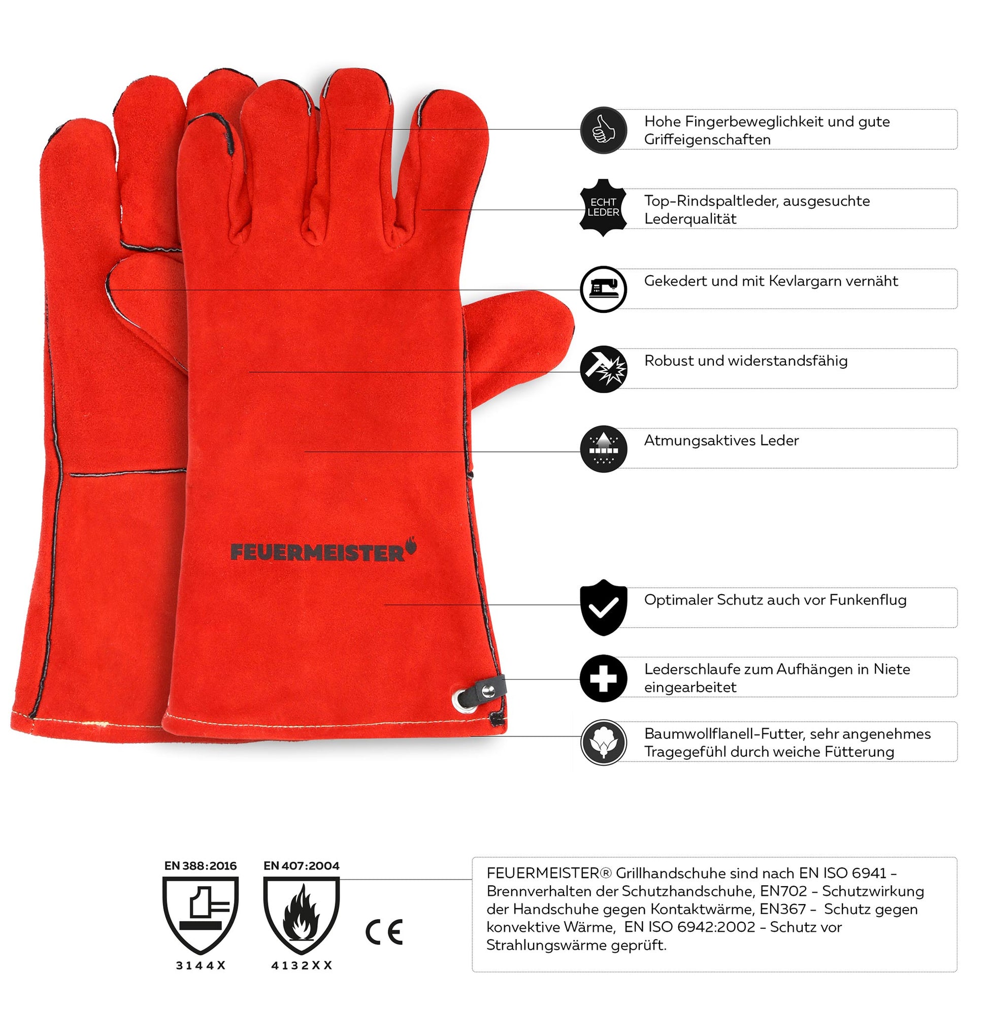 Grillhandschuhe Spaltleder rot (Paar), Gr. 10